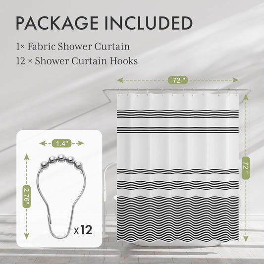 Shower Curtain, Washable Cloth Black Shower Curtain Sets with 12 Shower Curtain Hooks, Fabric Rustic Black and White Striped Curtain, Farmhouse Bathroom Curtains, 72x72 Inches