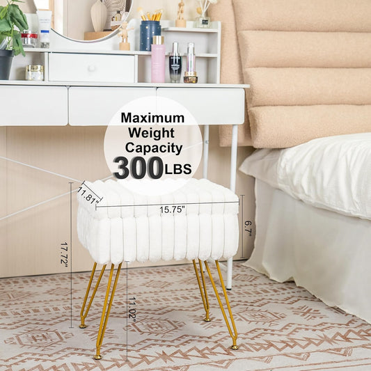 Faux Fur White Vanity Stool Chair with Storage Ottoman, Vanity Chair for Makeup Room, Vanity Stools for Bedroom, Footrest with Metal Legs and as a Coffee Table, White