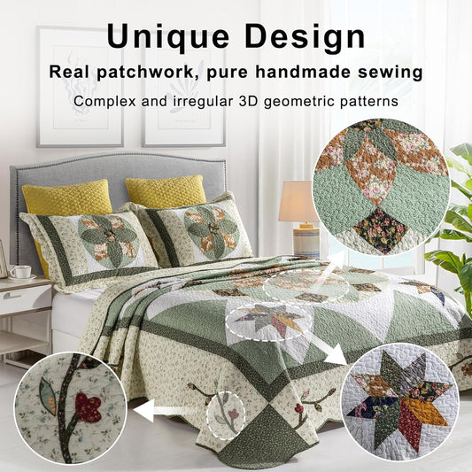 Quilts Queen Size Patchwork Bedspread Set - 100% Cotton Reversible Breathable Green Earth Geometric Quilted Quilt with Pillow Shams for All Seasons