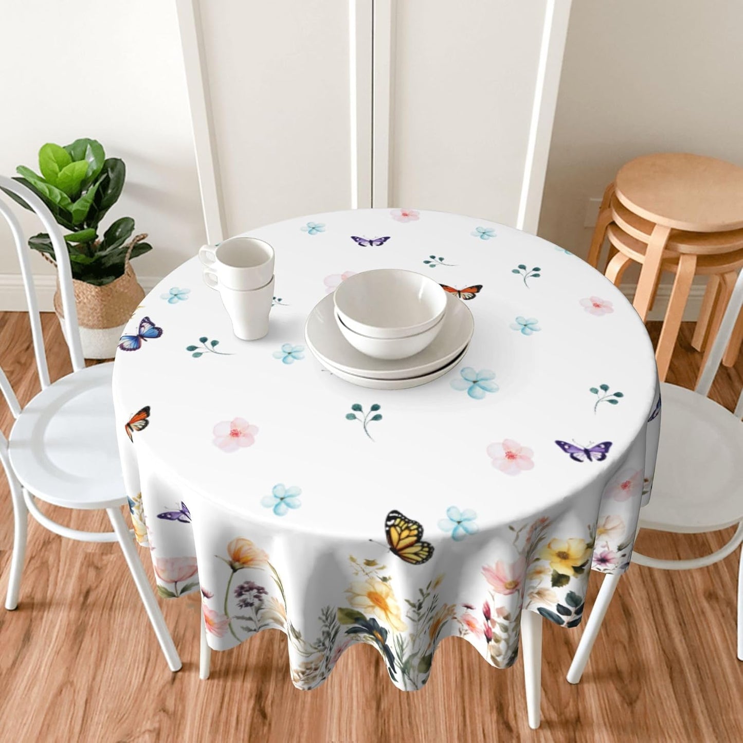 Spring Tablecloth 60 x 60 Inch Round Watercolor Flowers Table Cover Waterproof Wipeable Reusable for Kitchen Restaurant Home Parties Season Decor