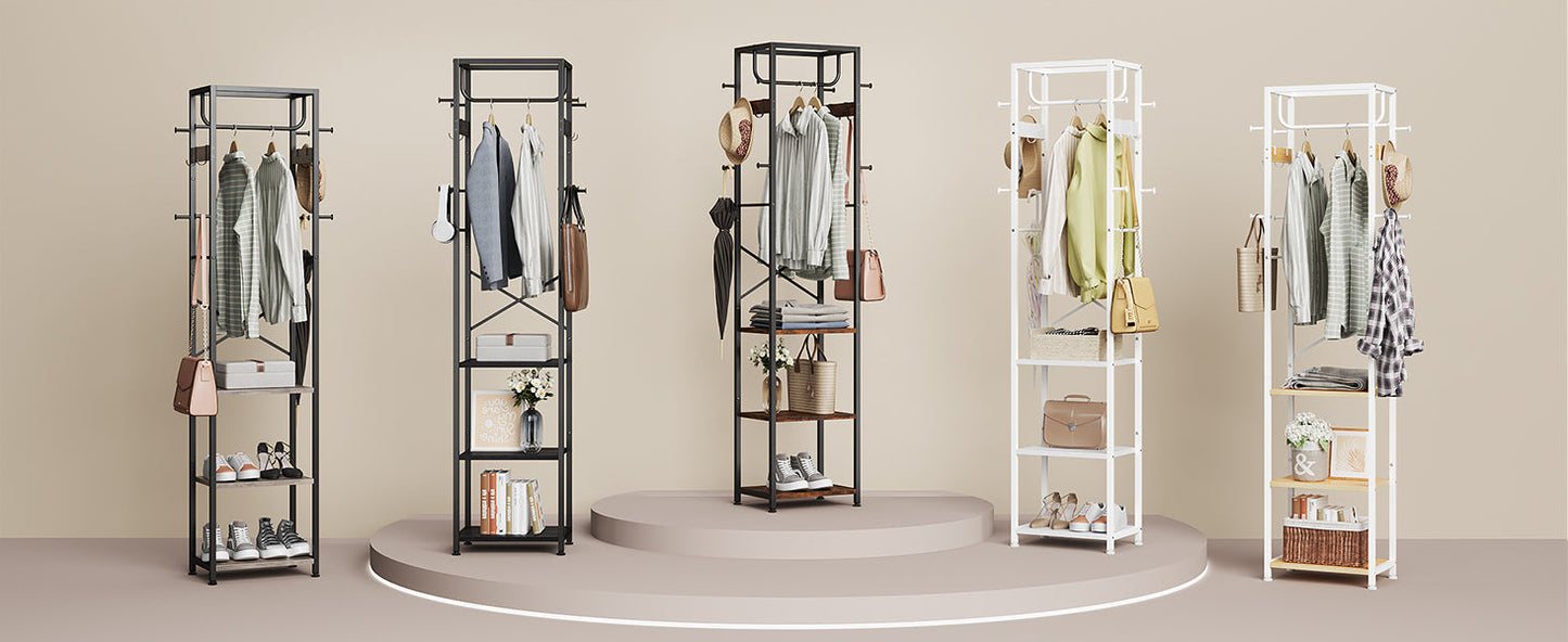 Coat Rack Freestanding, Hall Tree with 3 Storage Shelves and 12 Hooks, Industrial Clothes Rack Stand Organizer for Bedroom, Hallway, Entryway, Office, Living Room, Rustic Brown