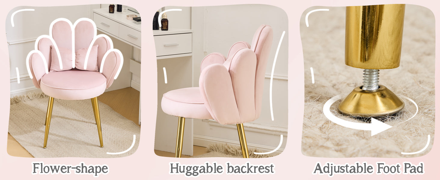 Makeup Vanity Chair with Back,Flower Cute Girls Desk Chair Comfy No Wheels,Modern Dining Chair,Small Accent Chair with Adustable Gold Legs&Bow Pillow for Home Office,Bedroom,Velvet,Pink