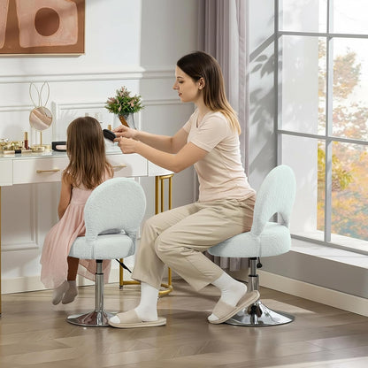 Small Vanity Chair, 360 Swivel Vanity Stool with Folding Back for Teenager, Comfy Teddy Ottoman Stool for Bedroom, Dressing Room, Teddy Fabric, White