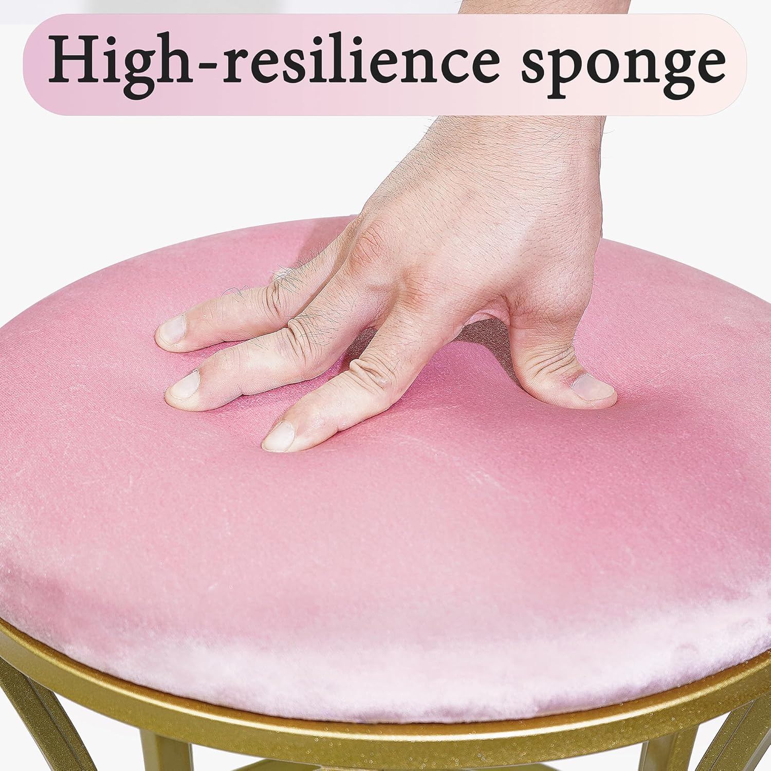 Velvet Round Vanity Stool,Pink Velvet Footrest Ottoman Foot Stool Seat with Golden Metal Legs,Makeup Chair for Bathroom Vanity,Bedroom,Living Room