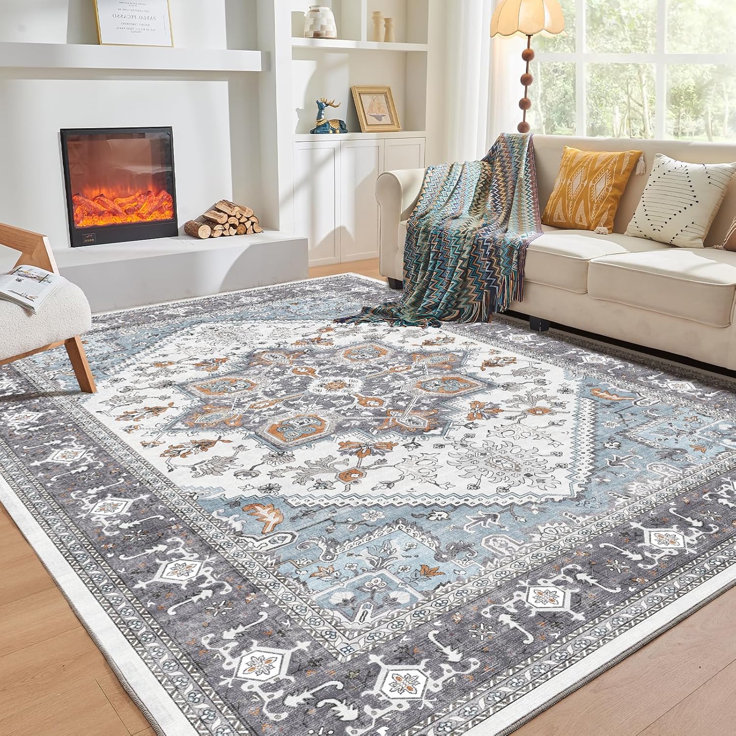 Soft Area Rugs 5x7, 5x7 Washable Rug with Non Slip Backing, 5 x 7 Faux Cashmere Low-Pile Carpet, Navy Blue & Gold