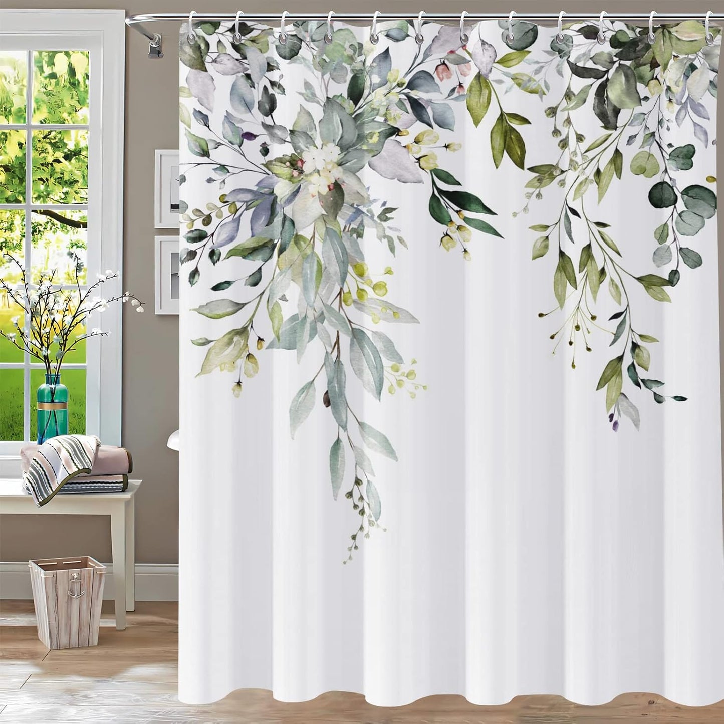 Shower Curtain Blue Eucalyptus Shower Curtains for Bathroom, Watercolor Leaf Shower Curtain Sets Waterproof Plant Shower Curtain Leaves Fabric Cloth Bathroom Curtains 72x72 inch with Hooks