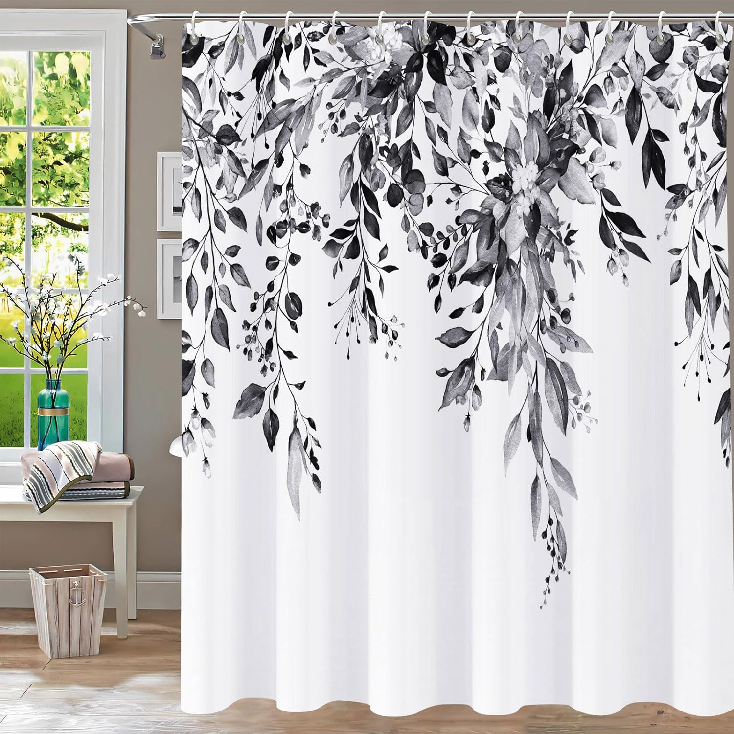 Shower Curtain Blue Eucalyptus Shower Curtains for Bathroom, Watercolor Leaf Shower Curtain Sets Waterproof Plant Shower Curtain Leaves Fabric Cloth Bathroom Curtains 72x72 inch with Hooks