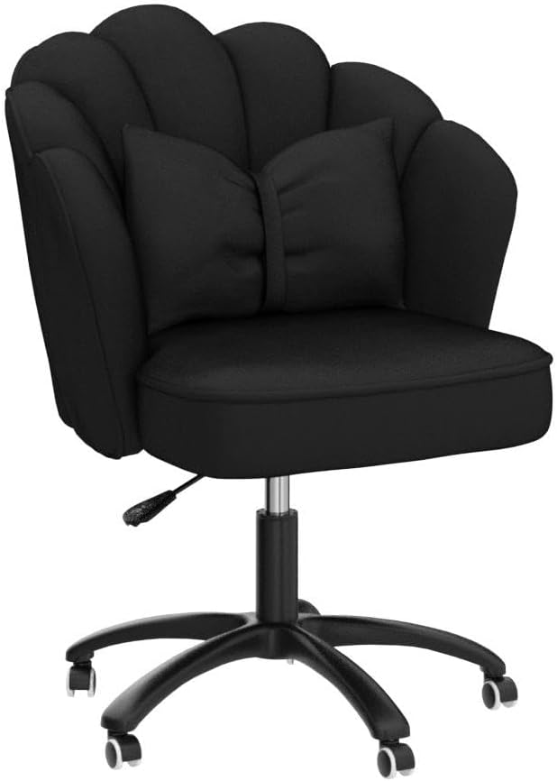 Chair with Bow Cushion Velvet Vanity Chair with Wheels, Upholstered Home Office Chair for Girls Women, Mid-Back Swivel Computer Task Chairs for Living Room Bedroom